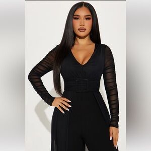 Fashion Nova Black Jumpsuit with Tulle Arms and long Cape